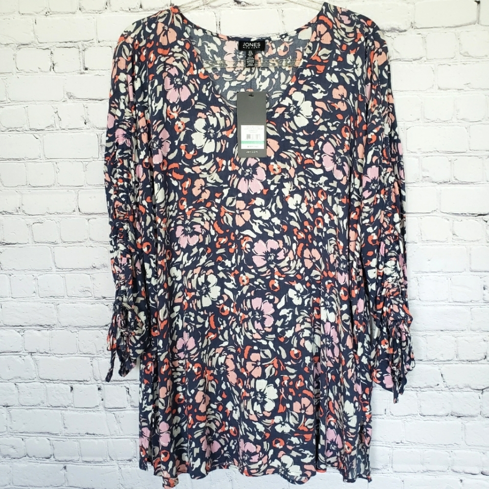 JONES NY Ruched Long Sleeve Floral Tunic Cover Up—L
